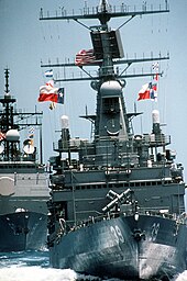 USS Princeton follows Texas during the RimPac '90 multinational exercise. USS TEXAS (CGN-39) and USS PRINCETON (CG-59).jpg