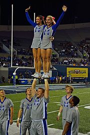 A U.S. university's cheerleading group at a performance, wearing costume as per their gender. University of Memphis Coed Cheerleaders.jpg