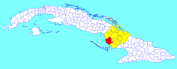 Vertientes municipality (red) within Camagüey Province (yellow) and Cuba