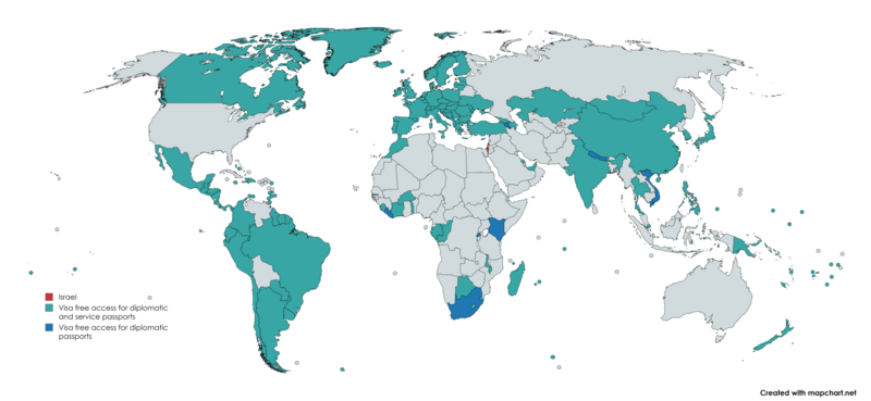 Visa exemption map for diplomatic and service passports of Israel.png