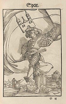 The Speyer Standard Bearer (1545). The round building in the bottom right corner is the Holy Sepulchre Church. Wapen 1545 Speir (Speyer).jpg
