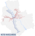 Современная схема варшавского метро: синим — первая построенная линия, красным — центральный участок второй линии, красным пунктиром — проектируемые участки