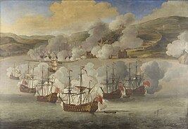 Ships burning at anchor in the harbour at Béjaïa