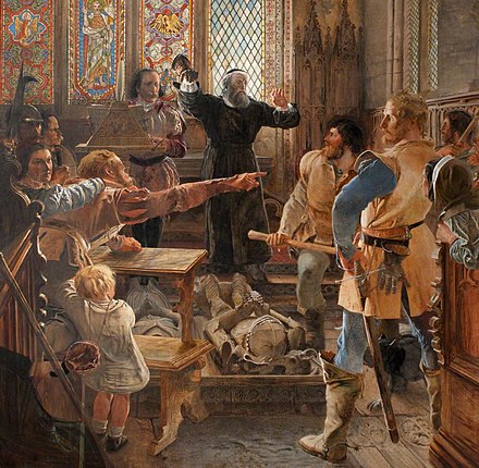 Bernard Gilpin making Peace among the Borders by taking down the Glove in Rothbury Church, painting by artist William Bell Scott (1811-1890) and housed at Wallington Hall, one of a series of eight oil paintings illustrating the history of the English Border