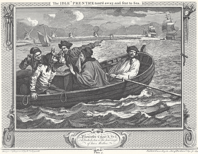 File:William Hogarth - Industry and Idleness, Plate 5; The Idle 'Prentice turn'd away, and sent to Sea.png