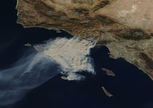 Satellite image of the fire on November 9. The majority of western Malibu is engulfed by smoke and fire at the time of this image, with the blaze spreading into Thousand Oaks. Woolsey Fire satellite image November 9, 2018.png