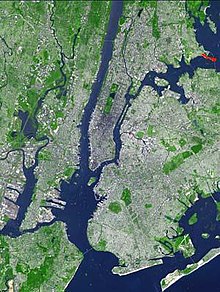 The geographic feature Throggs Neck, shown in red, in the Bronx Wpdms terra throgs neck.jpg