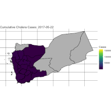 Visualization showing the progression of the cholera outbreak in Yemen, from May 2017 - February 2018 Yemen - Cumulative Cholera Cases.gif