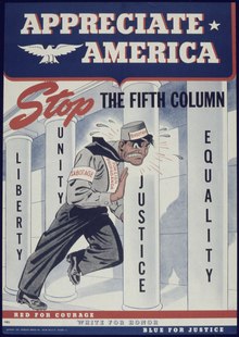 Tweede Wêreldoorlog-plakkaat van die Verenigde State wat die vyfde kolonners aan die kaak stel