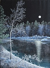 "Noche sobre el lago azul" Acuarela, seda