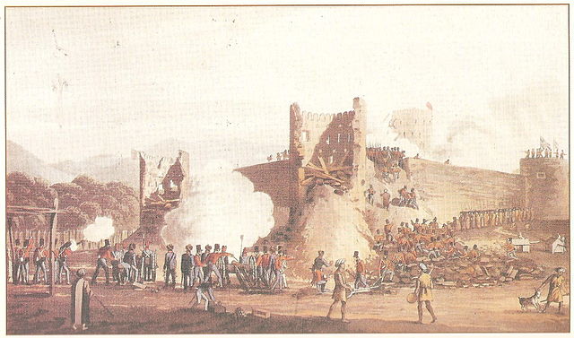 Ras Al Khaimah under siege by a British expeditionary force during the Persian Gulf campaign of 1819 in December 1819
