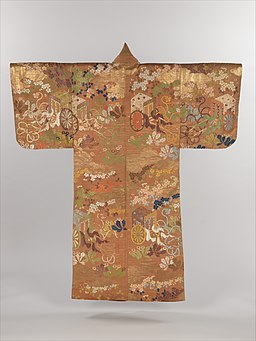 紅地御所車桜蒲公英模様唐織-Noh Costume (Karaori) with Court Carriages and Cherry Blossoms MET DP254853