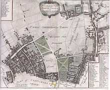 Shoreditch and surrounding area, 1755. The north-eastern part of the map is part of the parish of Shoreditch 1755 Stow Shoreditch.jpg