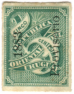 Aufdruck "1883 / Provisorio" auf einer 5-Centesimo-Briefmarke von 1877