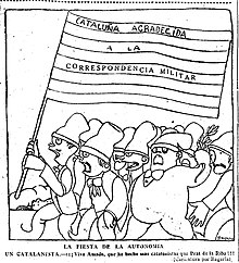 "Catalonia grateful to La Correspondencia Militar". "A catalanist -- Long live Amado, who has made more catalanists than Prat de la Riba!!!".Caricature by Bagaria (El Sol, 1919). 1919-01-31, El Sol, La fiesta de la autonomia, Bagaria.jpg