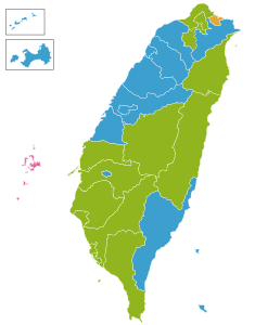 Regionale Mehrheiten bei der Wahl: ﻿Mehrheit für die pan-blaue Koalition ﻿Mehrheit für die pan-grüne Koalition ﻿Mehrheit für die Unparteiische Solidaritätsunion