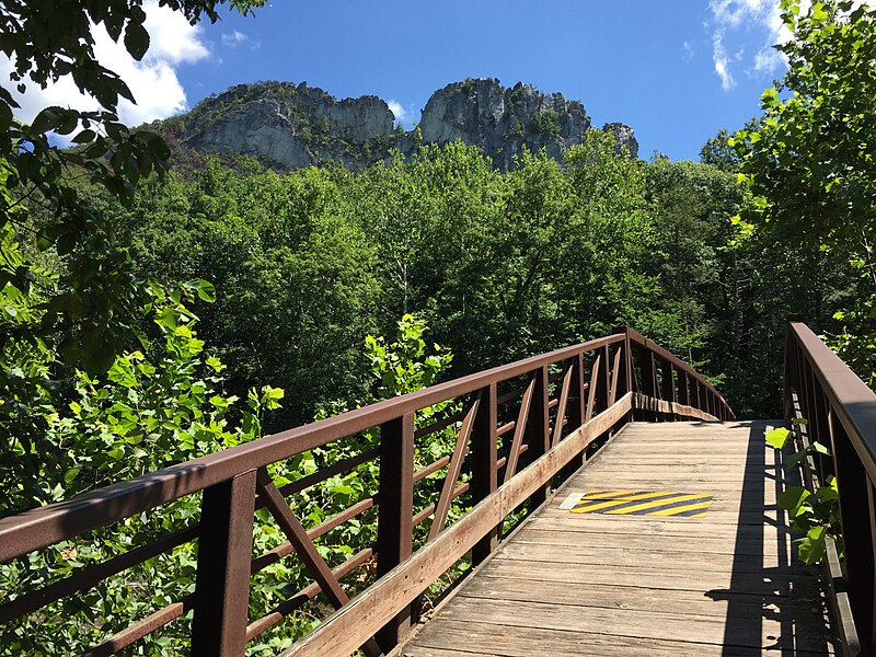 File:2017-08-09 13 45 50 View of Seneca Rocks from the Seneca Rocks Trail bridge over the North Fork South Branch Potomac River in Seneca Rocks, Pendleton County, West Virginia.jpg