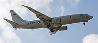 A Boeing P-8 Poseidon, tail number 168761, on final approach at Kadena Air Base in Okinawa, Japan. It is assigned to Patrol Squadron 45 (VP-45) at NAS Jacksonville, Florida, United States.