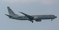 A Boeing P-8 Poseidon, tail number 168761, on final approach at Kadena Air Base in Okinawa, Japan. It is assigned to Patrol Squadron 45 (VP-45) at NAS Jacksonville, Florida, United States.