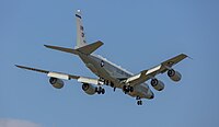 A US Air Force RC-135W Rivet Joint on final apparoach to Kadena Air Base in Okinawa, Japan.