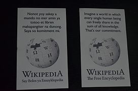 Wikipedia stickers with the text of the Wikimedia vision in English and Pangasinan that were given to edit-a-thon participants