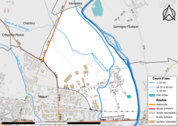 Carte en couleur présentant les réseau hydrographique de la commune