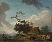 Ein Hirte und ein Hirte sitzen auf einem Felsen mit Kühen und Schafen, eine Landschaft dahinter
