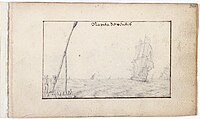 p301 - Unknown contributor - Drawing - Ship under full sail with on the coast two people by a beacon (Caption Navita de ventis)