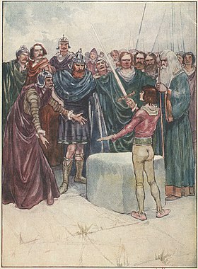 Ilustracija scene (za djecu) kad Kralj Arthur vadi Excalibur iz kamena