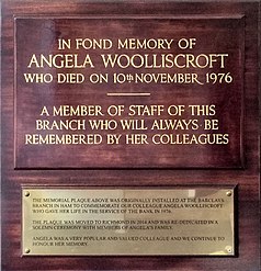 Memorial plaque paying tribute to bank teller Angela Woolliscroft, murdered in 1976 during a robbery at Barclays Bank's branch in Ham