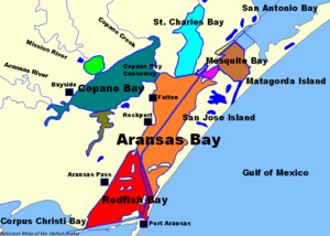 Aransas Bay (orange), Redfish Bay (red), Mission Bay (lime), Port Bay (olive), Copano Bay (aquamarine), Saint Charles Bay (light blue), Dunham Bay (violet), Carlos Bay (pink), Sundown Bay (yellow) and Mesquite Bay (brown).