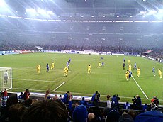 Borussia Dortmund against rivals Schalke, known as the Revierderby, in the Bundesliga in 2009 Arena Auf Schalke hosting Schalke 04 vs Dortmund in 2009.jpg