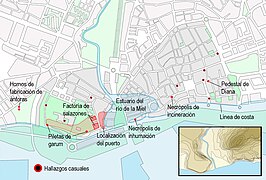 Español: Plano de localización de restos romanos en Algeciras.