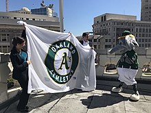 Kaval with Oakland Mayor Libby Schaaf at Oakland City Hall during the 2018 season As-Flag-Raising.jpg