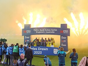 Australia celebrate retaining the Ashes after the final match of the series at the County Ground, Taunton. Australia celebrating retaining the Women's Ashes, 18-07-23.jpg