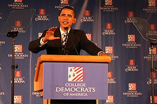 President Barack Obama, then a candidate in the Democratic Presidential Primary, addresses the 2007 CDA National Convention Barack Obama Speaks to College Democrats.jpg