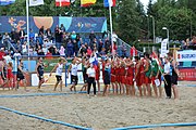 Deutsch: Beachhandball Europameisterschaften 2019 (Beach handball Euro); Tag 6: 7. Juli 2019 – Spiel um Platz Drei, Männer, Ungarn-Russland 2:0 (26:20, 23:22) English: Beach handball Euro; Day 6: 7 July 2019 – Men's Bronze Medal Match – Hungary-Russia 2:0 (26:20, 23:22)