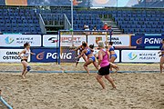 Deutsch: Beachhandball Europameisterschaften 2019 (Beach handball Euro); Tag 5: 6. Juli 2019 – Frauen, Halbfinale, Ungarn-Niederlande 2:0 (19:16, 15:12) English: Beach handball Euro; Day 5: 6 July 2019 – Semifinal Women – Hungary-Netherlands 2:0 (19:16, 15:12)