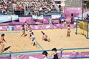 Deutsch: Beachhandball bei den Olympischen Jugendspielen 2018; Tag 3, 9. Oktober 2018; Mädchen, Vorrunde, Gruppe A - Chinese Taipei (Taiwan)-Mauritius 2:0 English: Beach handball at the 2018 Summer Youth Olympics at 9 October 2018 – Girls Preliminary Round Group A‎ – Chinese Taipei-Mauritius 2:0