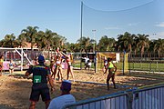 Deutsch: Beachhandball bei den Olympischen Jugendspielen 2018; Tag 3, 9. Oktober 2018; Mädchen, Vorrunde, Gruppe B - Venezuela-Niederlande 1:2 English: Beach handball at the 2018 Summer Youth Olympics at 9 October 2018 – Girls Preliminary Round Group B‎ – Venezuela-Netherlands 1:2