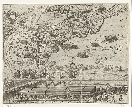 Beleg van Sluis en de overdekte stormbrug gebruikt door het Staatse leger onder Maurits, 1604, RP-P-OB-80.667