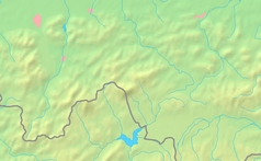 Mapa Beskidu Żywieckiego, Małego i Makowskiego z zaznaczoną granicą Polski, blisko centrum na prawo u góry znajduje się czarny trójkącik z opisem „Burdelowa Góra”