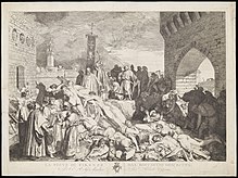 An engraving by Luigi Sabatelli (1772-1850) of Florence during the plague in 1348, based on Giovanni Boccaccio's The Decameron Boccaccio's 'The plague of Florence in 1348' Wellcome L0072270.jpg