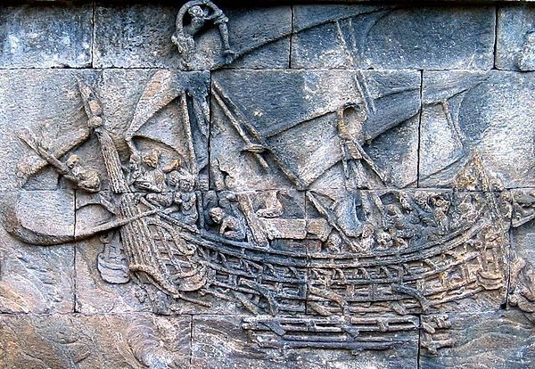 A Borobudur ship carved on Borobudur temple, c. 800 CE. Outrigger boats from the archipelago may have made trade voyages to the east coast of Africa a