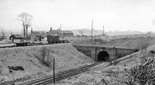 The station site in 1962 showing the goods yard high above the main running line Bradnop Station (remains) - geograph.org.uk - 1878328.jpg