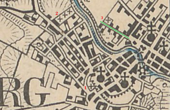 Cmentarze: 1– św. Jana, 2– św. Magdaleny, 3 – przy Logenstr.