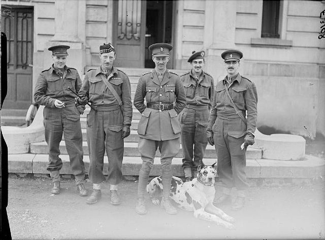 Brigadier Miles Dempsey (centre) and his staff, with their mascot 'Tiny' at Wervicq, France, in late 1939.