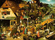 Fénykép egy színes flamand stílusú festményről, amely a faluban festői jelenetek sorozatát ábrázolja.