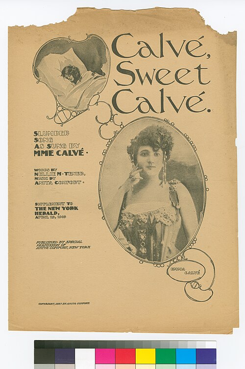 Slumber song as sung by Mme Calvé. Published as a supplement to the New York Herald, 19 April 1903. Cover includes photograph of Emma Calvé.