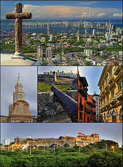 Cartagena, Colombia. Øverst: Udsigt over Cartagena de Indias, Midten venstre: Reloj tårnet (Torre del Reloj), Midten: Cartagena bymur og Bocagrande forretningsområde, Midten højre: San Diego-pladsen, Nederst: San Felipe Barajas slot (Castillo de San Felipe de Barajas)